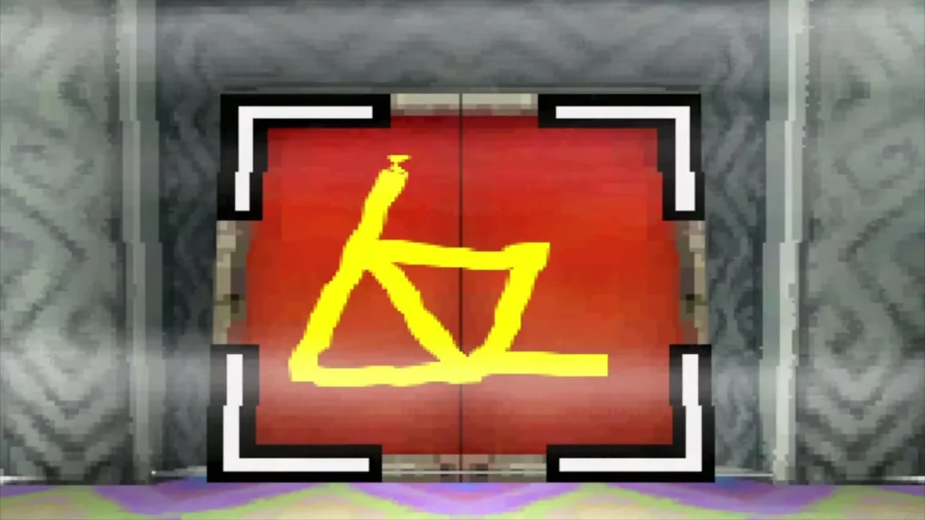 A yellow Triforce crest drawn on the red Crested Door