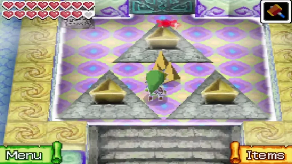 Link in the safe zone with Force Gems placed on the pedestals