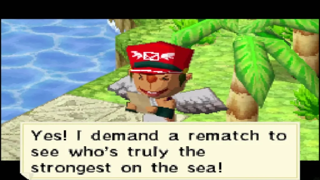 A messenger in a red cap reads out Jolene's demand for a rematch on the island shore