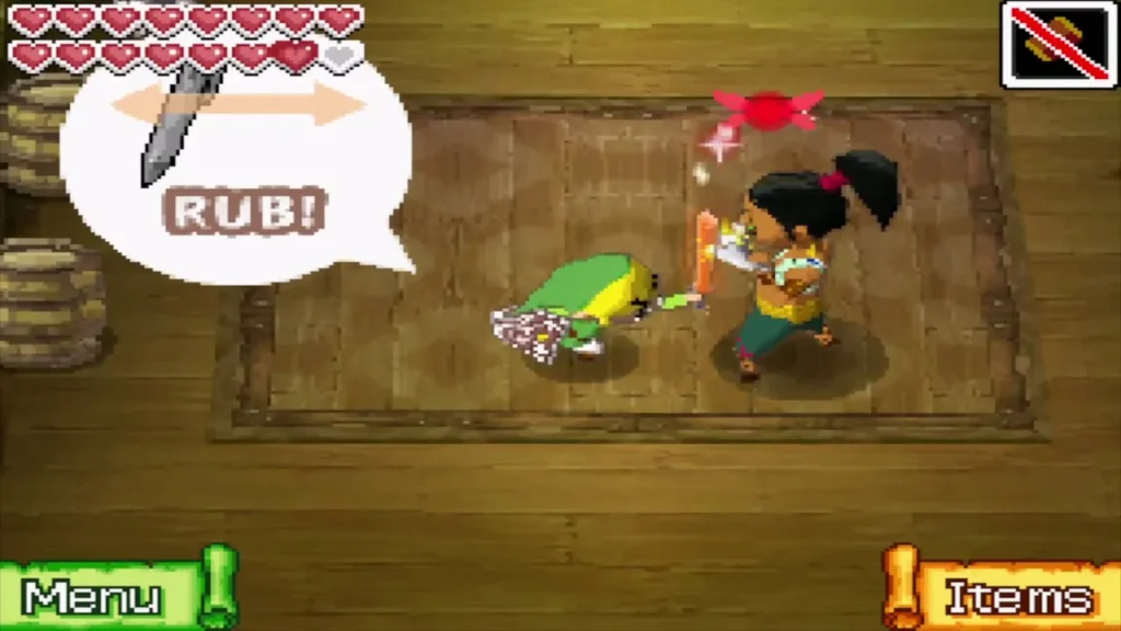 Blades locked with a speech bubble telling Link to rub the touch screen