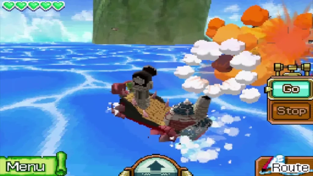 The pirate ship firing its cannon at the S.S. Linebeck out on the open sea