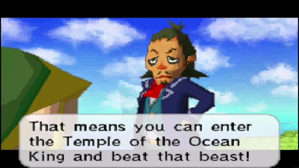 Linebeck on the shore telling Link he can now enter the Temple of the Ocean King