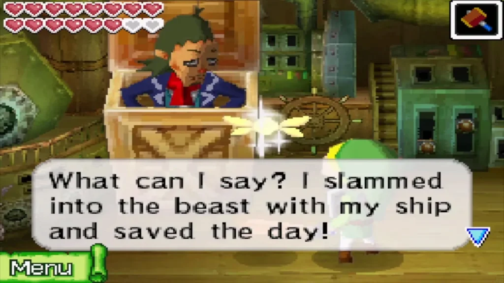 Linebeck in the crate boasting that he slammed into the beast with his ship