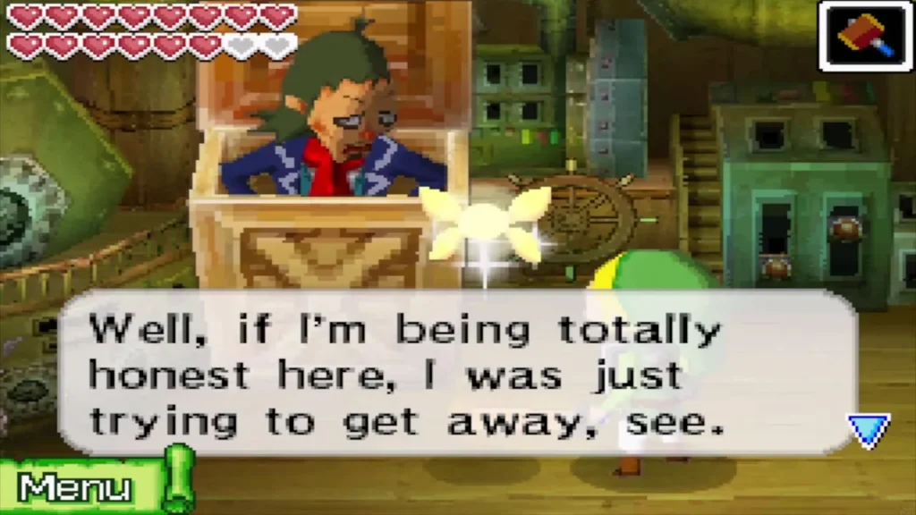 Linebeck admitting he was just trying to get away, with Link and Ciela listening