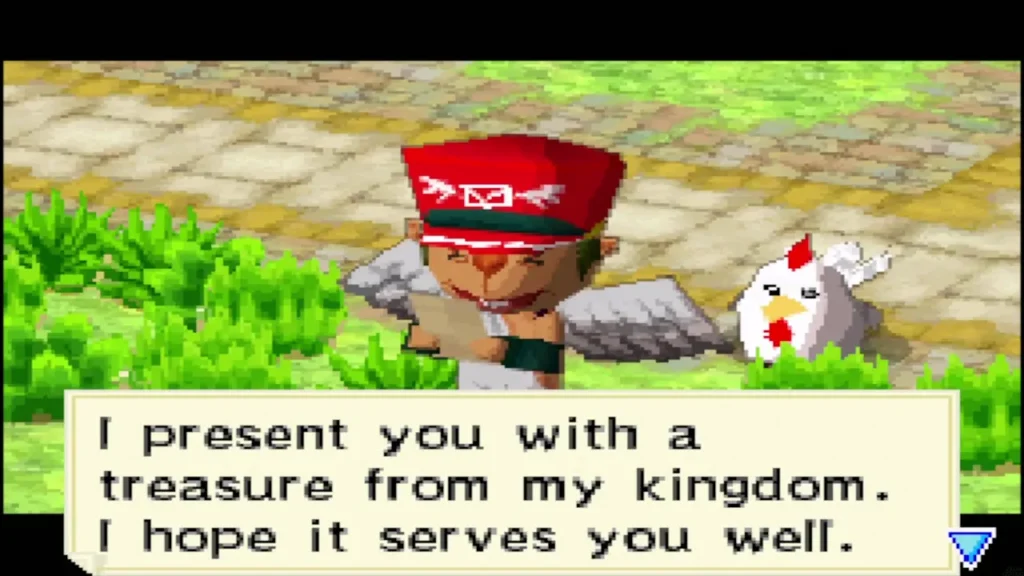 The messenger presenting Link with a treasure from King Mutoh's kingdom