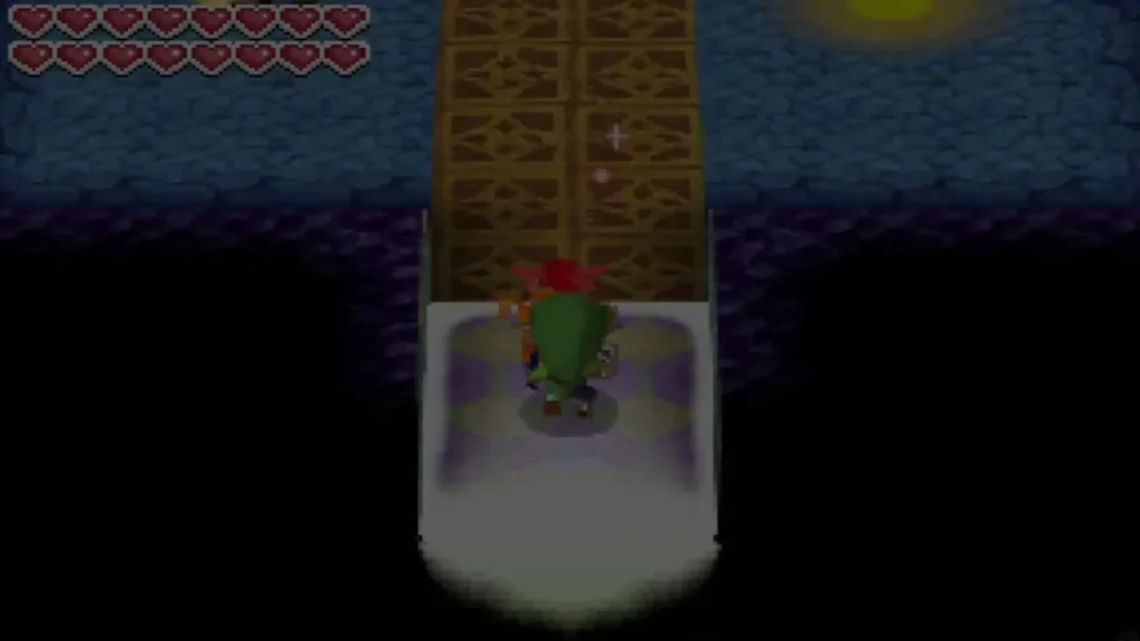 Link stepping onto a lit walkway inside the Sacred Crest Chamber