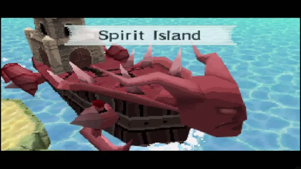 The ship arriving at Spirit Island with the island's name banner on screen