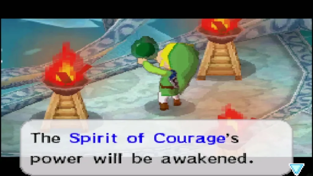 Link at the shrine between two torches as the Spirit of Courage's power awakens