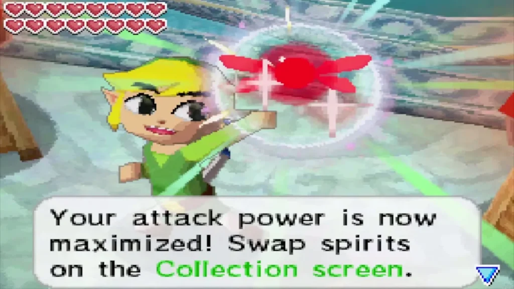 Link holding up the red Spirit of Power as the box says attack power is maximized