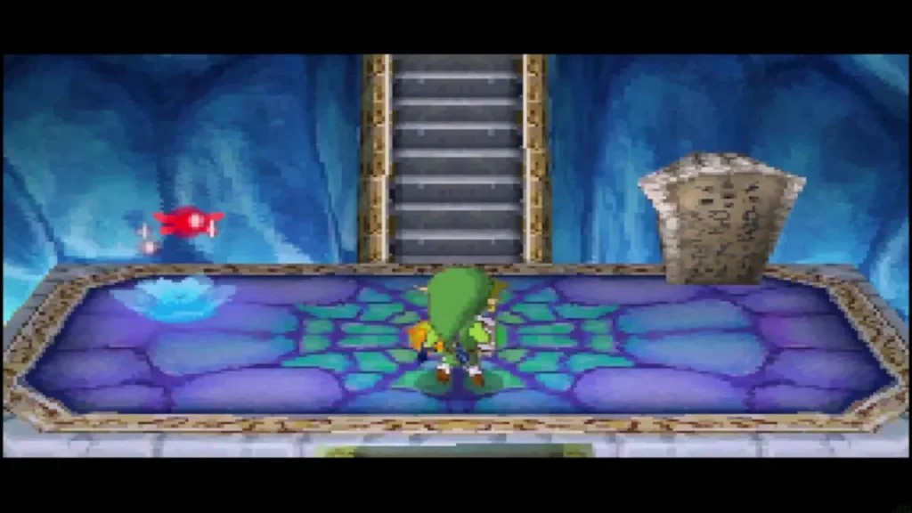 The blue warp light and stone tablet beside the stairs to Bellum