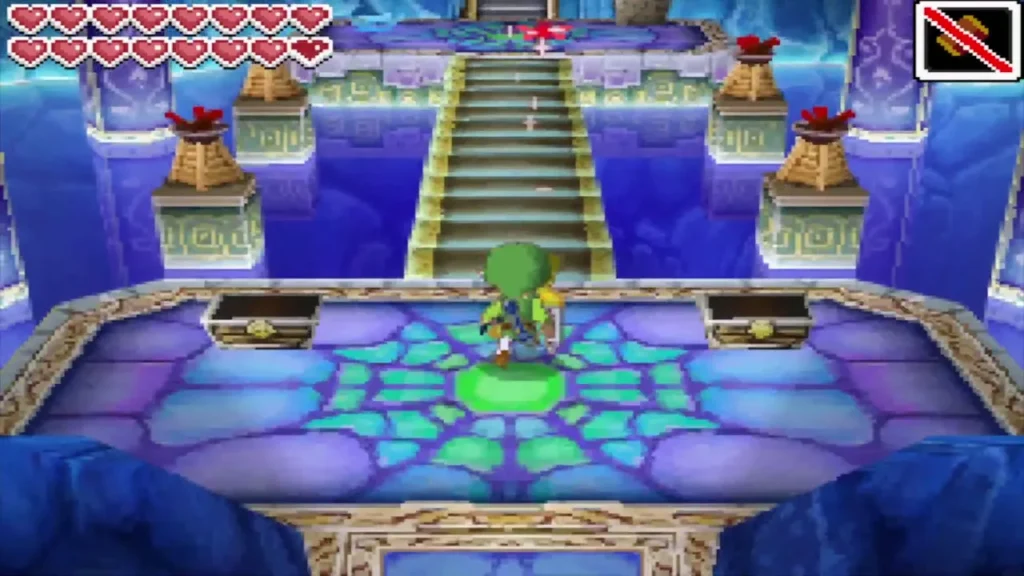 Link on the Stairway to Bellum platform with a chest on each side