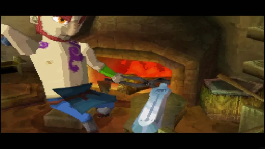 Zauz working the glowing sword blade at the forge