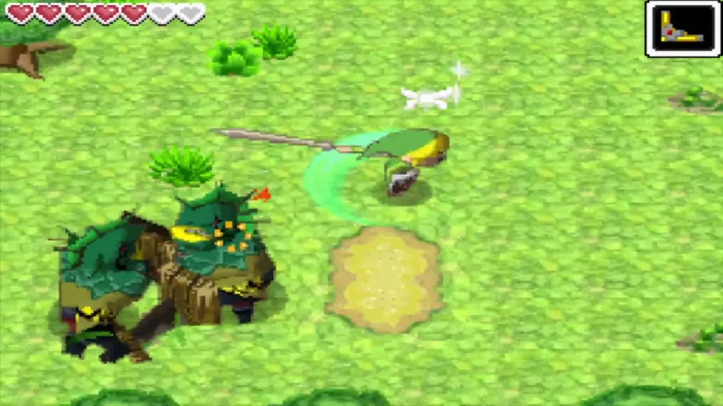 Link slashing an armoured Zora Warrior beside a sand patch Link slashing an armoured Zora Warrior beside a sand patch