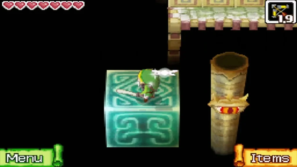 Link riding the floating block beside a pillar with an eye switch Link riding the floating block beside a pillar with an eye switch