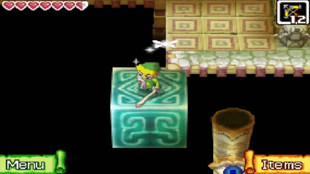 Link on the floating block drifting past another eye pillar Link on the floating block drifting past another eye pillar