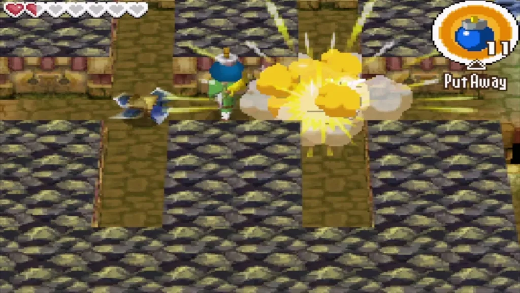 Link holding a bomb as it explodes beside a Blade Trap Link holding a bomb as it explodes beside a Blade Trap