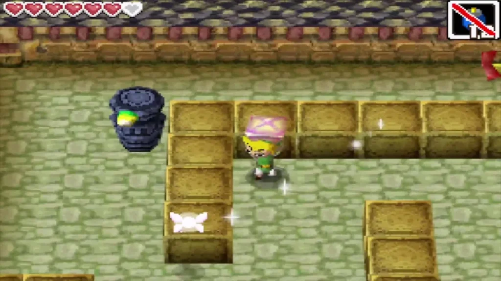Link carrying the square crystal past blocks and a dark statue Link carrying the square crystal past blocks and a dark statue