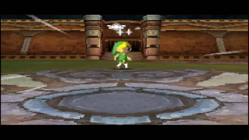 Link entering the round Crayk arena Link entering the round Crayk arena