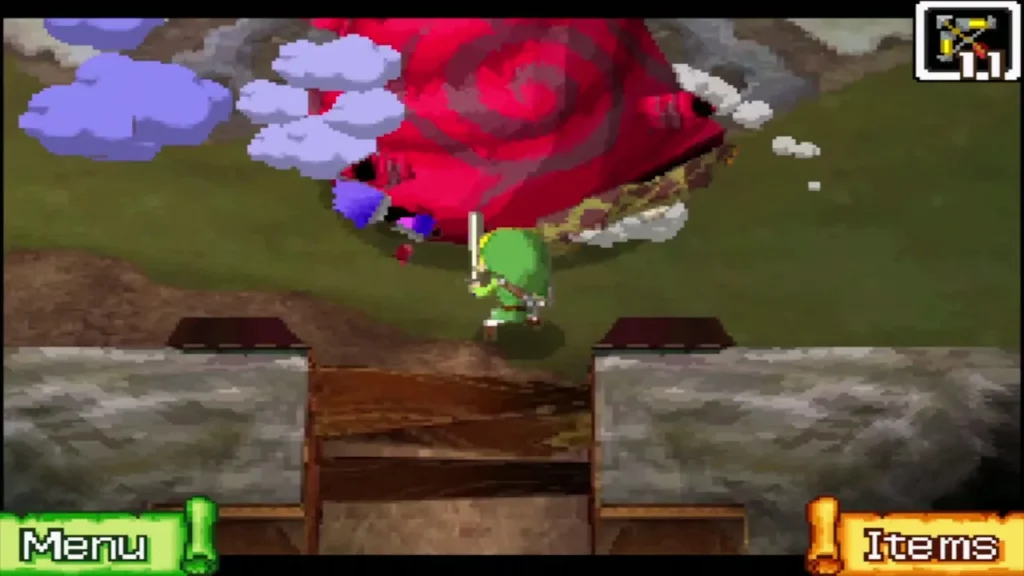 Link raising his sword in front of Crayk's shell Link raising his sword in front of Crayk's shell