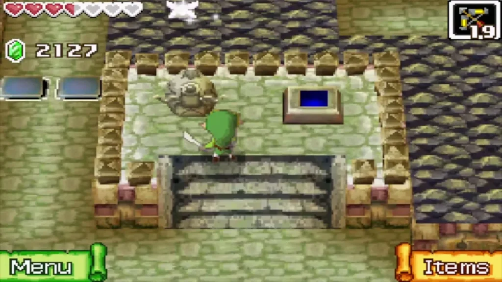 Link climbing to a platform with a blue pedestal Link climbing to a platform with a blue pedestal
