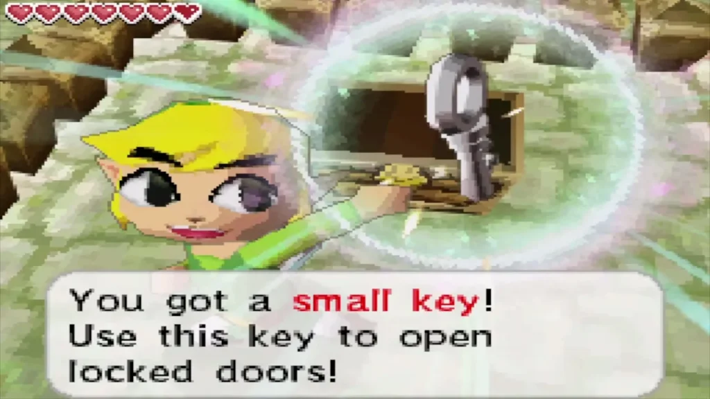 Link holding up a small key with its message box Link holding up a small key with its message box