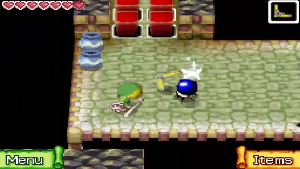 Link fighting a Hardhat Beetle beside red blocks and pots Link fighting a Hardhat Beetle beside red blocks and pots