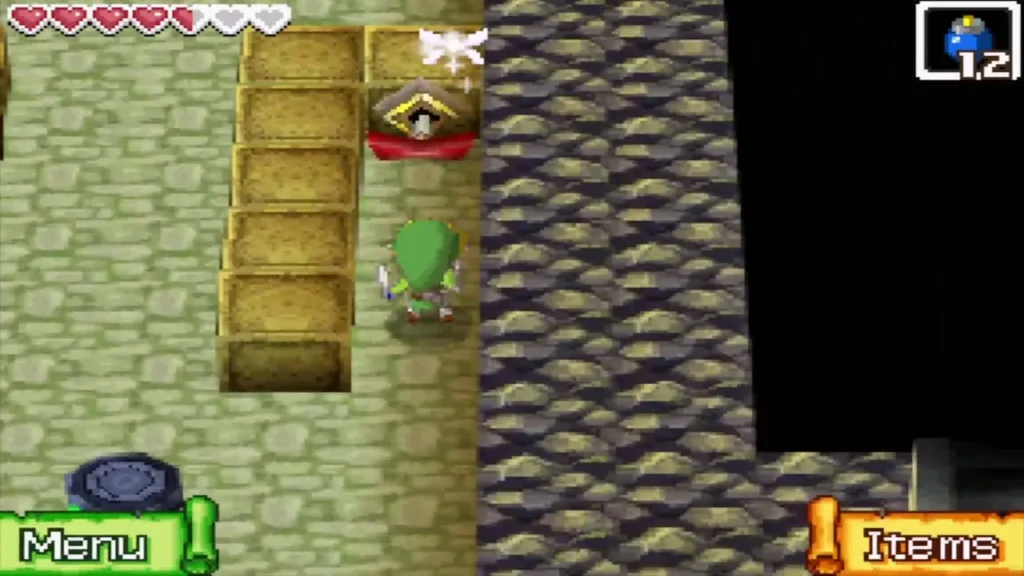 Link walking up a corridor of blocks toward a red lever Link walking up a corridor of blocks toward a red lever