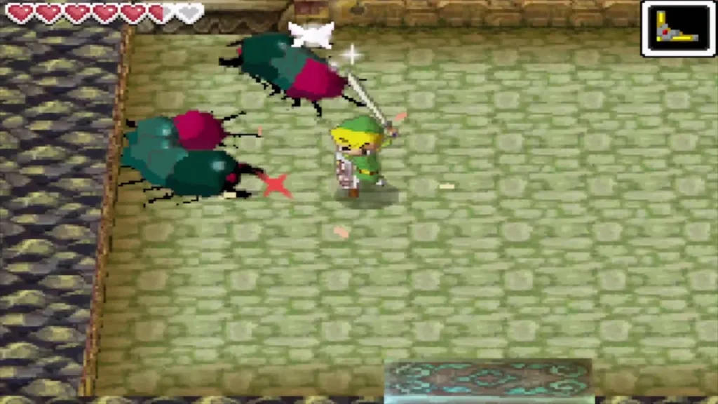 Link slashing a Moldorm in the locked first floor room Link slashing a Moldorm in the locked first floor room