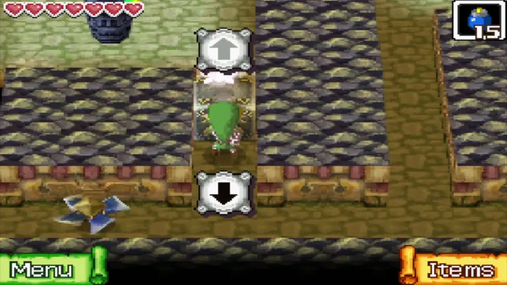 Link pushing a block along a corridor with up and down arrows Link pushing a block along a corridor with up and down arrows