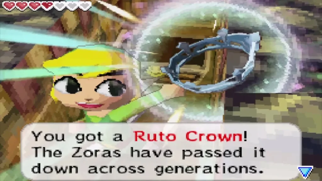 Link holding up a Ruto Crown from a chest in the Temple of Courage Link holding up a Ruto Crown from a chest in the Temple of Courage