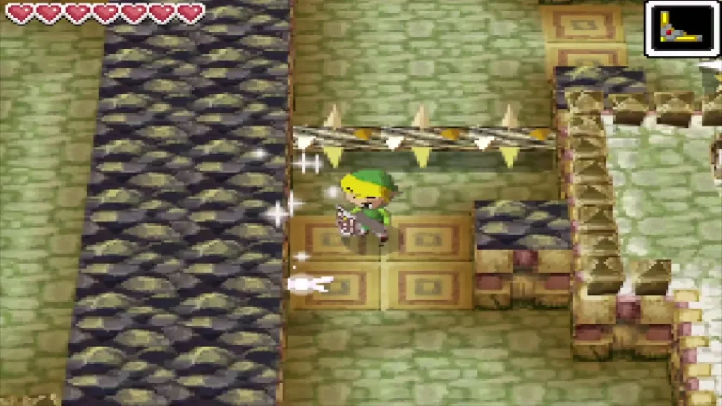 Link crossing a spiked-bar passage toward the chest ledge Link crossing a spiked-bar passage toward the chest ledge