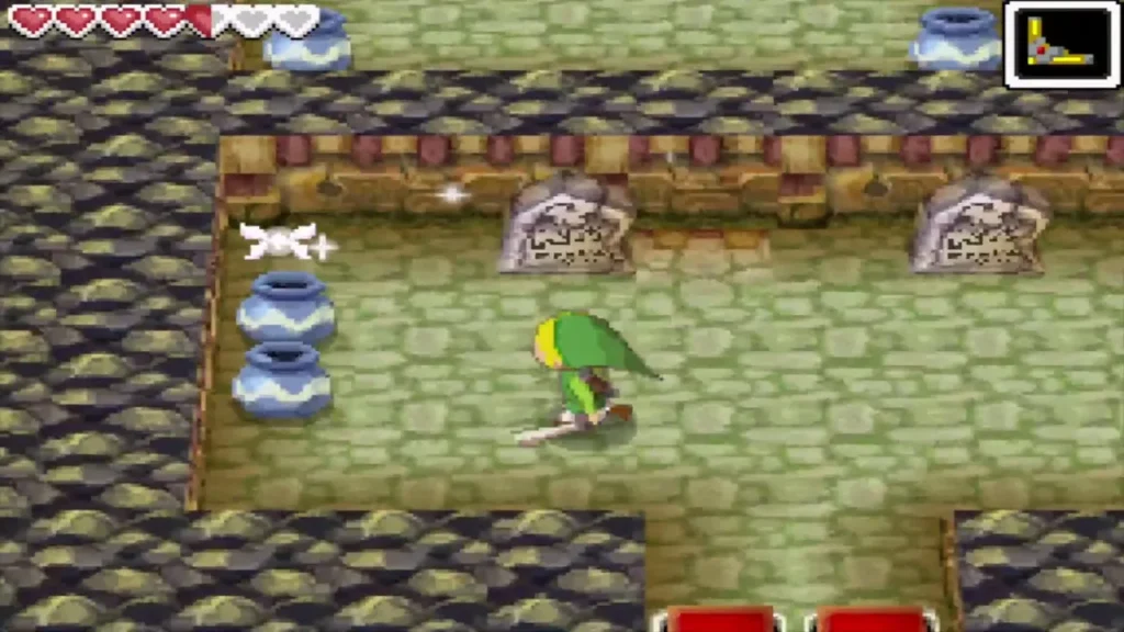 Link walking toward two stone tablets in a hallway Link walking toward two stone tablets in a hallway