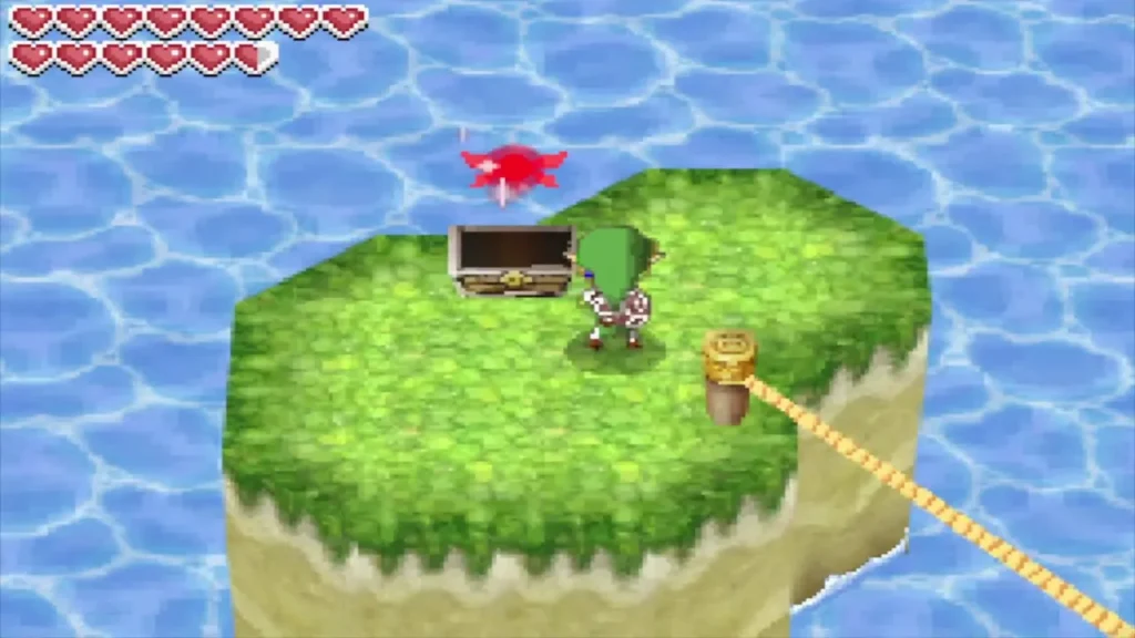 Link beside an open chest on the small islet reached by a tightrope Link beside an open chest on the small islet reached by a tightrope