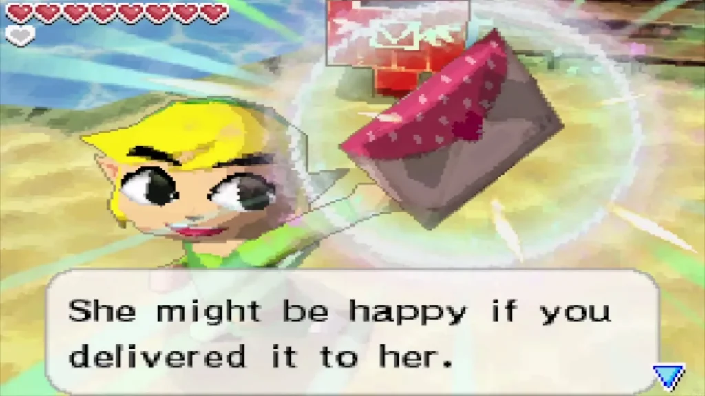 Link holds up a letter as he is asked to deliver it Link holds up a letter as he is asked to deliver it