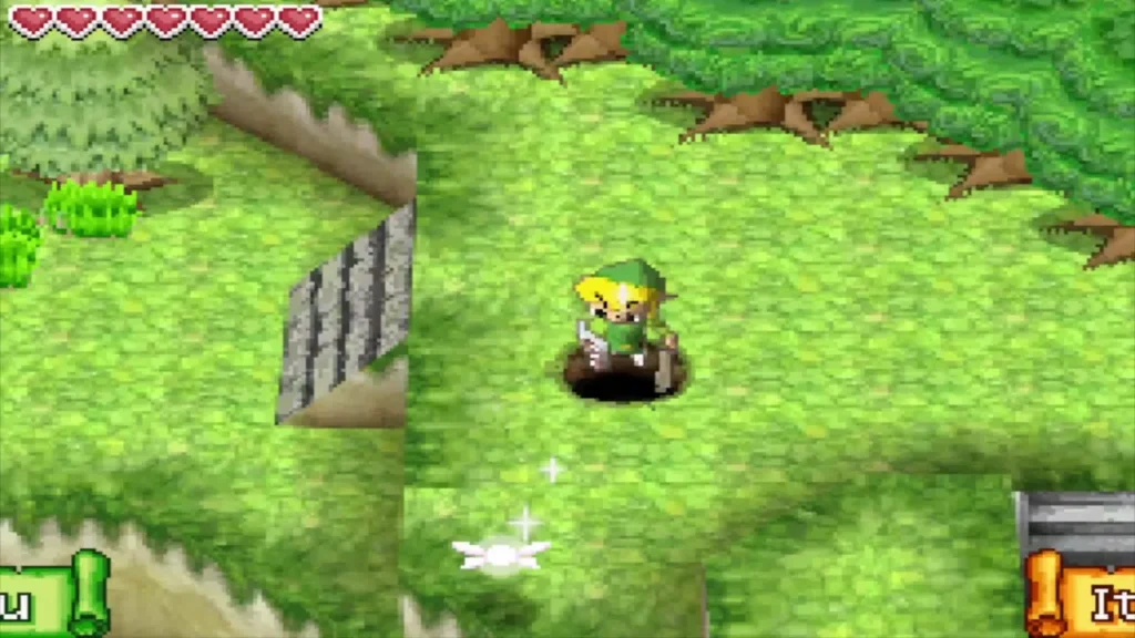 Link standing at the hole he dug in the forest grass Link standing at the hole he dug in the forest grass