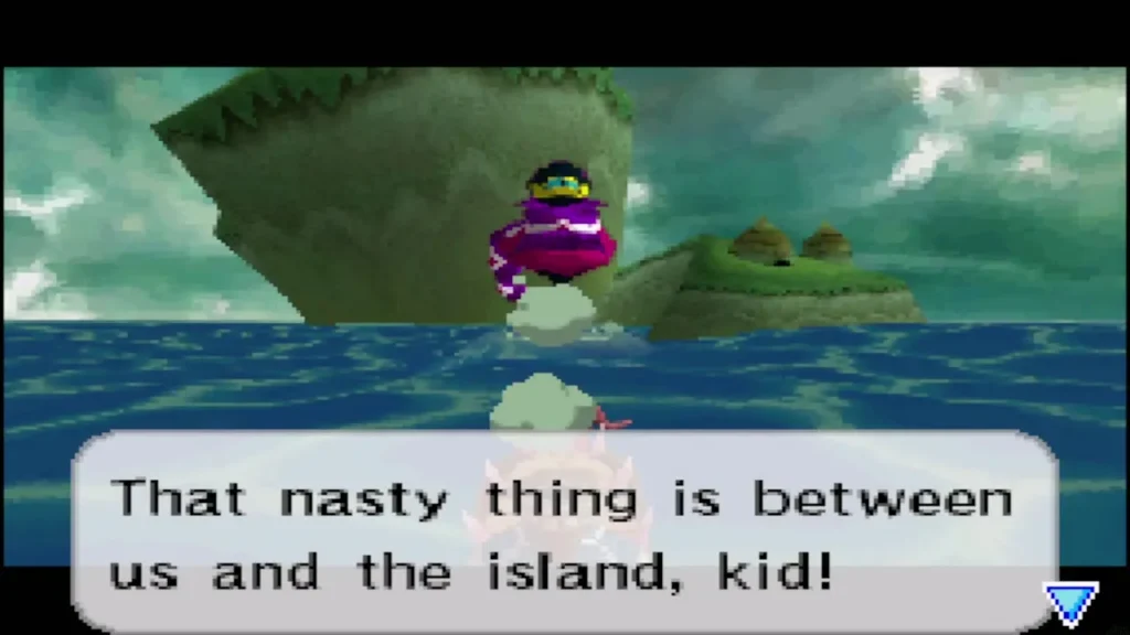 Linebeck warning that the Giant Eye Plant sits between the ship and the island Linebeck warning that the Giant Eye Plant sits between the ship and the island
