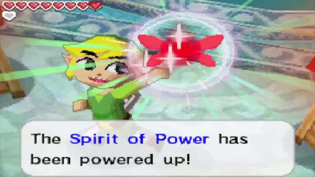 Link holding up a Power Gem as the Spirit of Power is powered up Link holding up a Power Gem as the Spirit of Power is powered up