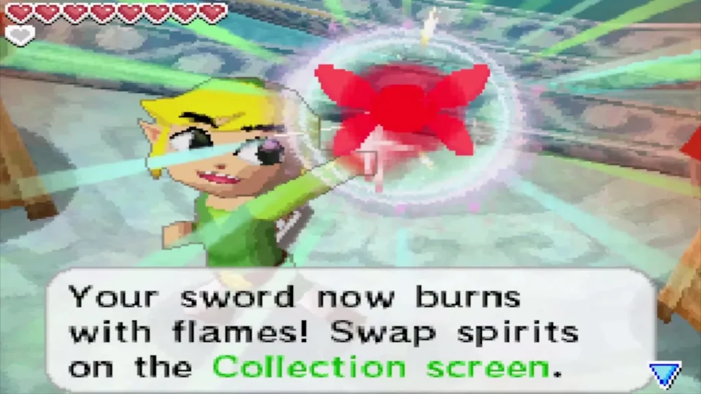 Link raising the gem as his sword now burns with flames Link raising the gem as his sword now burns with flames