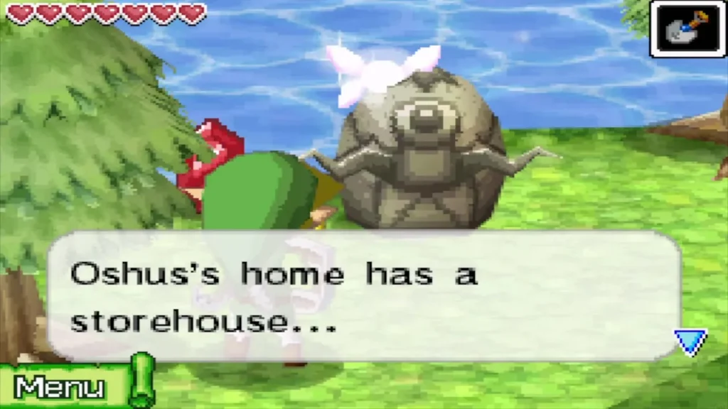 Link reading the talking stone that mentions Oshus's storehouse Link reading the talking stone that mentions Oshus's storehouse
