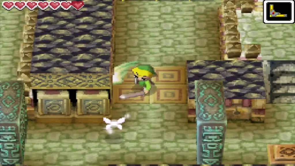 Link slashing near carved pillars inside the temple Link slashing near carved pillars inside the temple