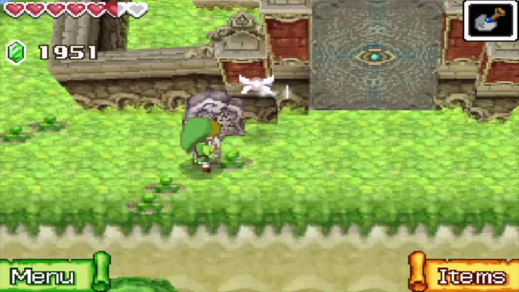 Link at the temple gate with a stone statue beside him Link at the temple gate with a stone statue beside him
