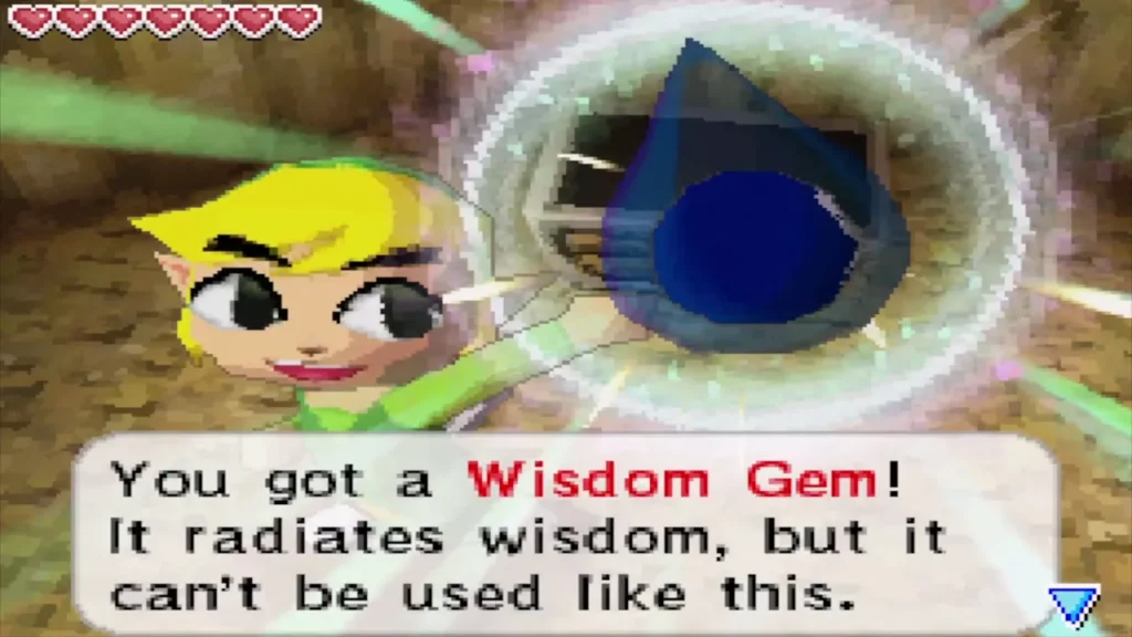 Link holding up the Wisdom Gem from the cave chest Link holding up the Wisdom Gem from the cave chest
