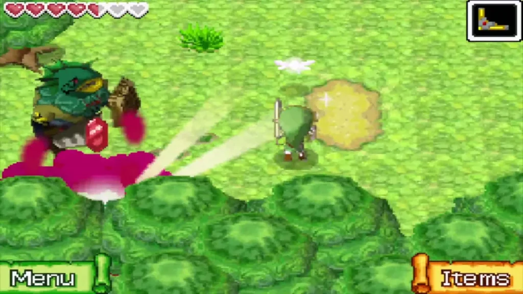 A stunned Zora Warrior hit by the Boomerang as Link moves in A stunned Zora Warrior hit by the Boomerang as Link moves in