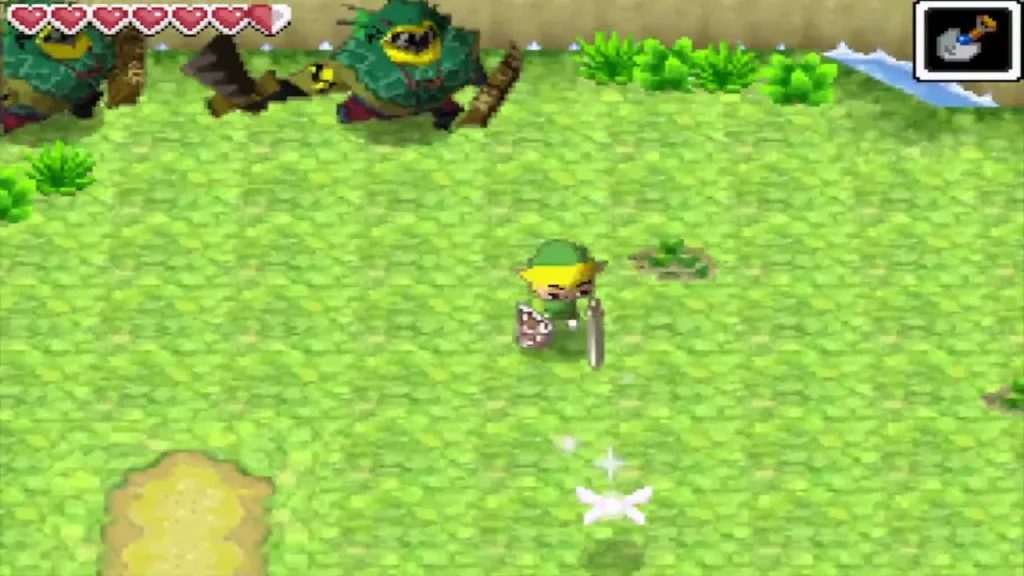 Link facing two armoured Zora Warriors near the south statue Link facing two armoured Zora Warriors near the south statue