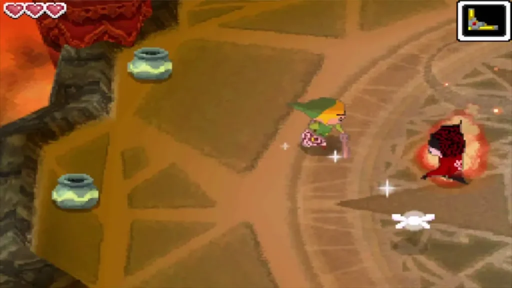 Link circles the stone arena as the flaming Blaaz hovers nearby Link circles the stone arena as the flaming Blaaz hovers nearby