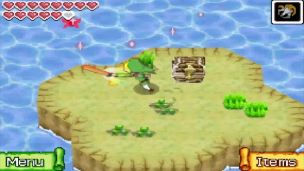 Link slashes the grass beside a chest on a small Isle of Ember islet Link slashes the grass beside a chest on a small Isle of Ember islet