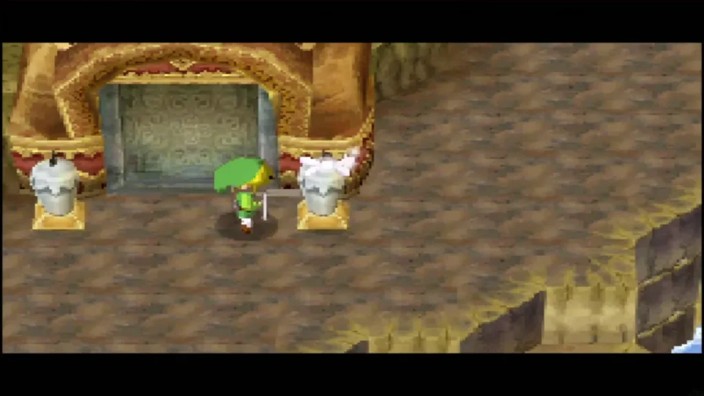 Link stands between two braziers before the stone gate of the Temple of Fire Link stands between two braziers before the stone gate of the Temple of Fire