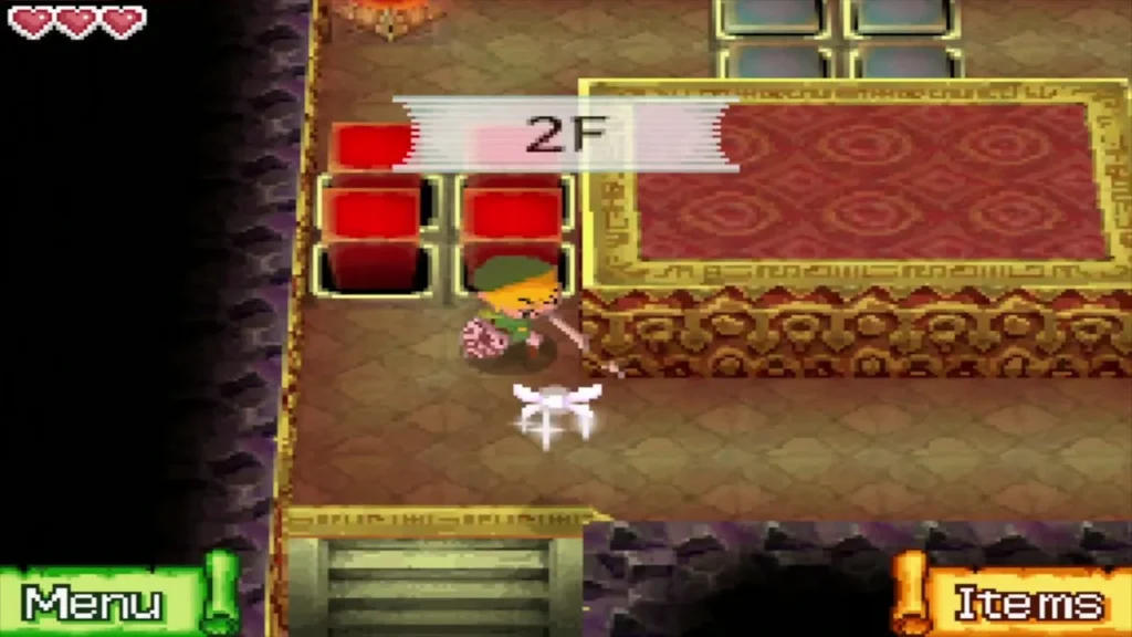 Link arriving on 2F beside a row of raised red blocks Link arriving on 2F beside a row of raised red blocks
