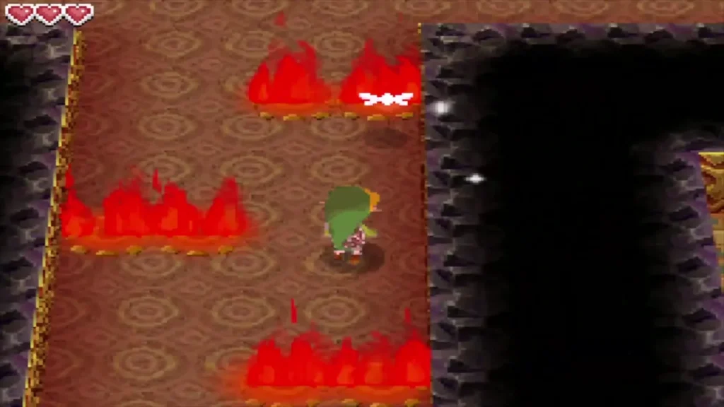 Link picking a way between patches of fire in a corridor Link picking a way between patches of fire in a corridor