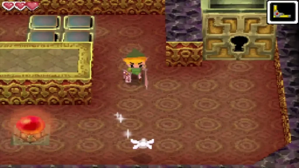 Link near the locked keyhole door with a red orb switch beside him Link near the locked keyhole door with a red orb switch beside him